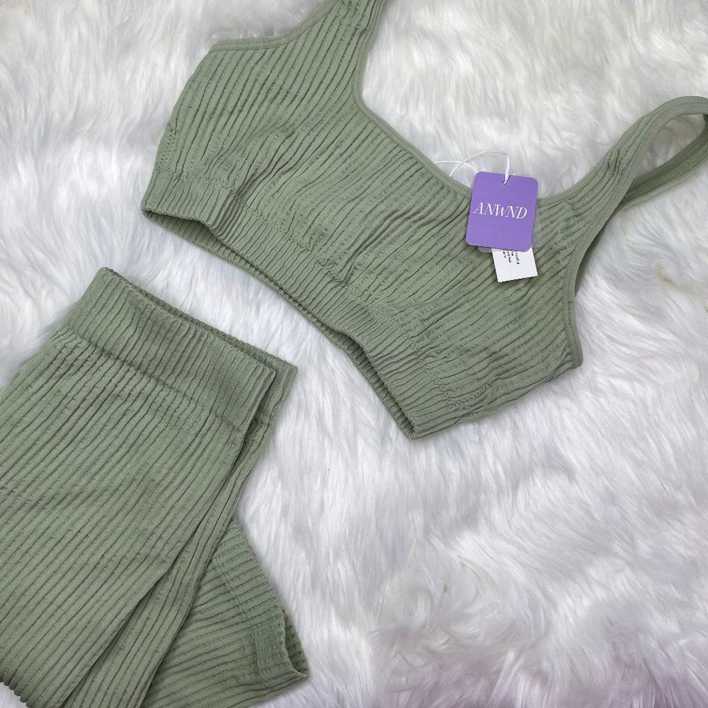 Sage Green Ribbed Biker Shorts + Sports Bra Set